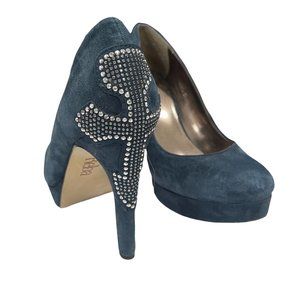 REBA Size 8 Navy Suede Heels Rhinestone Cross Pumps